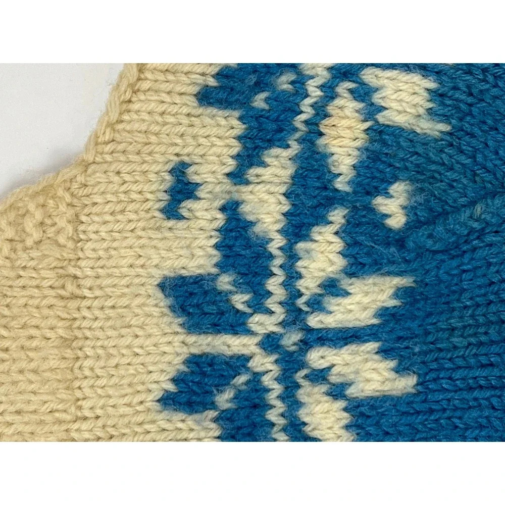 Vintage Handknit Kids Blue Cream Snowflake‎ Knit Trapper Wool Hat with Ties